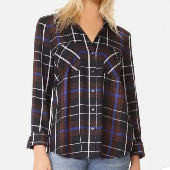 L' AGENCE Denise Plaid Silk S/P Hannel Button Down Shirt Black/ Brown/White - Picture 5 of 14